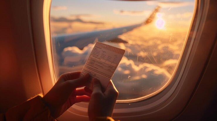Un primer plano de la mano de un niño que sostiene una tarjeta de embarque contra un telón de fondo de una ventana de un avión