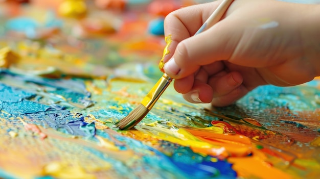 Foto un primer plano de la mano de un niño sosteniendo un pincel y pintando un cuadro