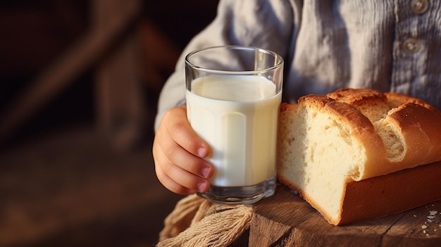 primer plano de la mano de un niño sosteniendo un vaso de leche y pan en la mesa