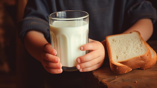 primer plano de la mano de un niño sosteniendo un vaso de leche y pan en la mesa