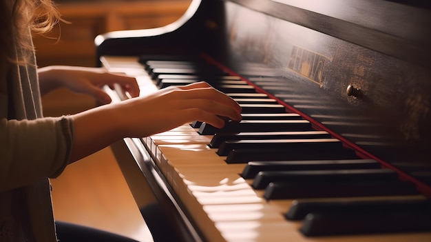 Primer plano de la mano del niño tocando el piano