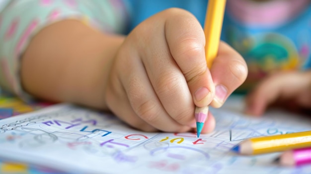 Foto primer plano de la mano de un niño trazando letras en un cuaderno de trabajo