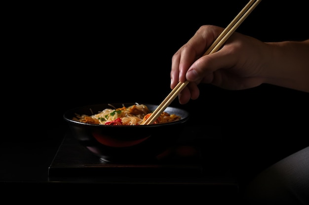 Primer plano de la mano de una persona comiendo comida tailandesa con palillos en la mesa sobre fondo negro