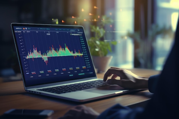 Primer plano de la mano de una persona de negocios usando una computadora portátil con gráficos y gráficos mostrados en la pantalla