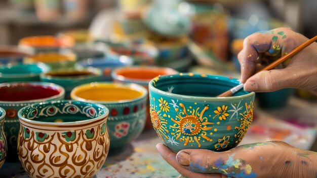 Foto un primer plano de la mano de una persona pintando un diseño colorido en un cuenco de cerámica