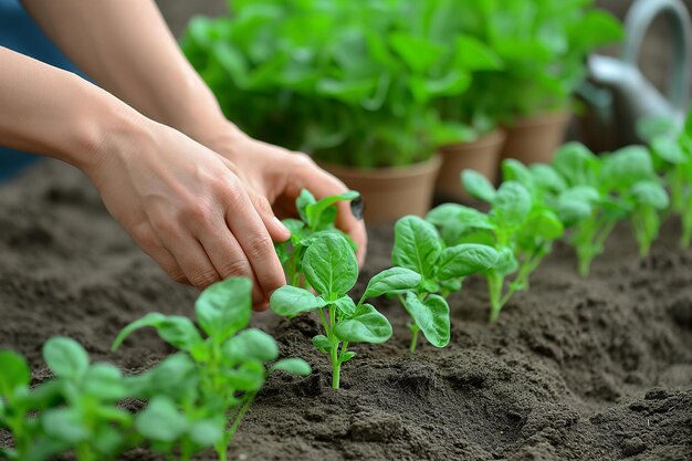 Un primer plano de la mano que cuida de las plantas de albahaca jóvenes