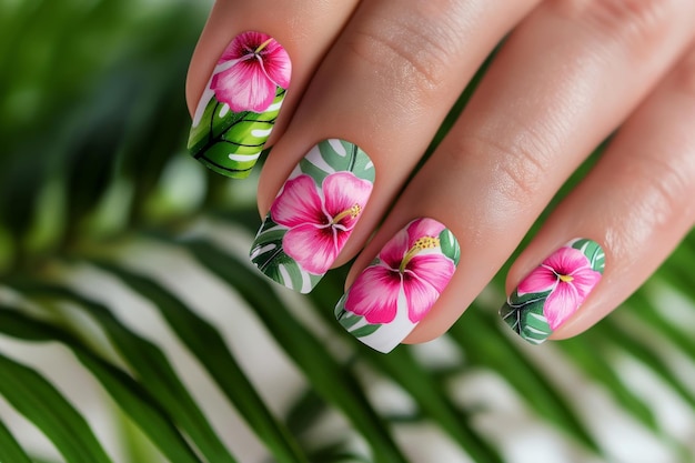 Un primer plano de una mano que muestra un vibrante diseño de uñas de flor de hibisco complementado por un fondo de hojas tropicales