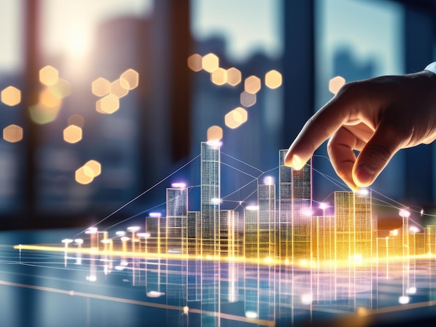 Primer plano de la mano que señala el gráfico de negocios brillante