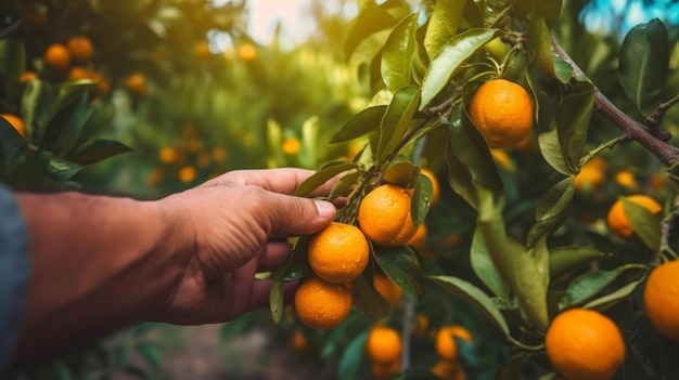 Foto primer plano de una mano recogiendo fruta naranja de un árbol