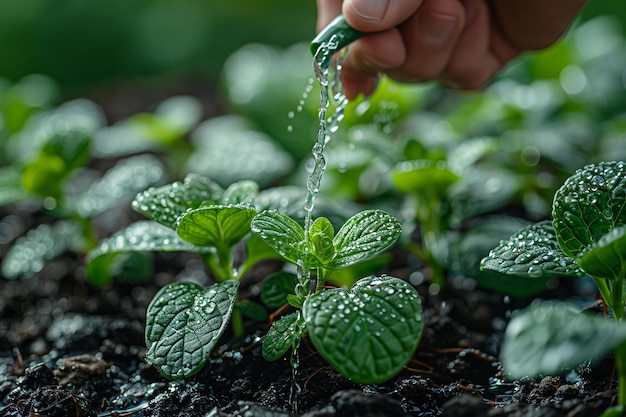 Primer plano de una mano regando las plantas