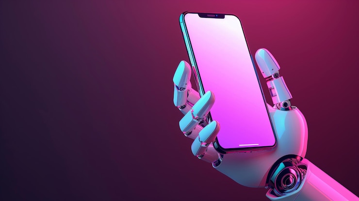 Foto primer plano de una mano de robot futurista sosteniendo un teléfono inteligente con una pantalla en blanco