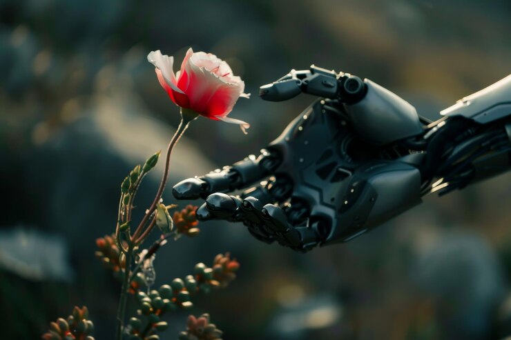 Foto un primer plano de una mano robótica extendiendo la mano para tocar una delicada rosa un brazo robótico extendiéndose para tocar una flor delicada