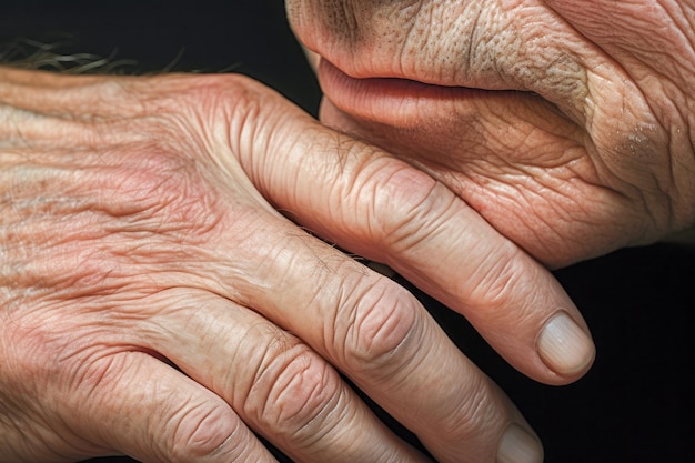 Primer plano de la mano y el rostro de un anciano.