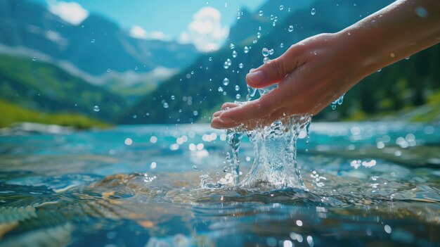 Foto un primer plano de una mano salpicando agua en el lago de montaña