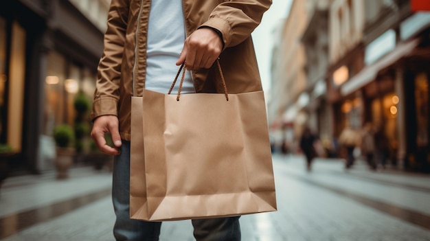 primer plano de una mano sosteniendo un concepto de compras de bolsa de papel
