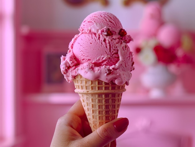 Foto primer plano de una mano sosteniendo un cono de helado de fresa contra un fondo rosado con espacio para copiar