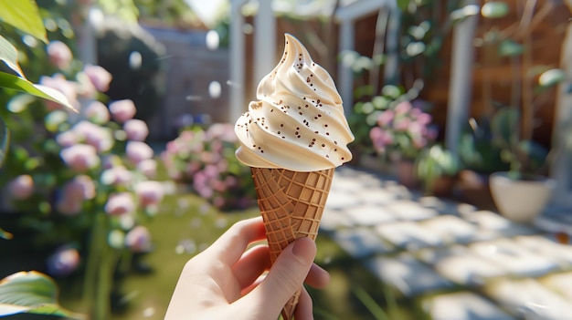 Foto primer plano de una mano sosteniendo un cono de helado con un helado de vainilla cubierto con salpicaduras de chocolate el fondo es borroso