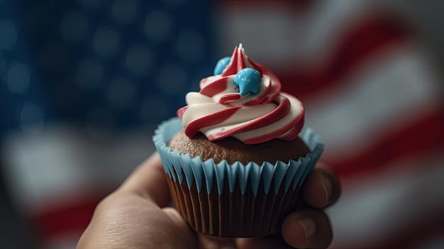 primer plano de la mano sosteniendo un cupcake del día de la independencia