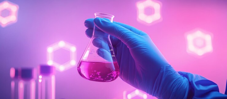 Primer plano de una mano sosteniendo un frasco con líquido rosado en un entorno de laboratorio
