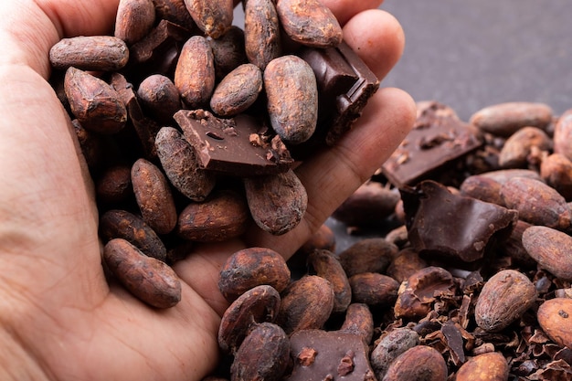 Foto primer plano de una mano sosteniendo granos de café