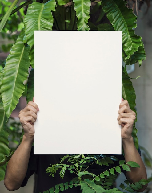 Foto primer plano de la mano sosteniendo hojas contra las plantas