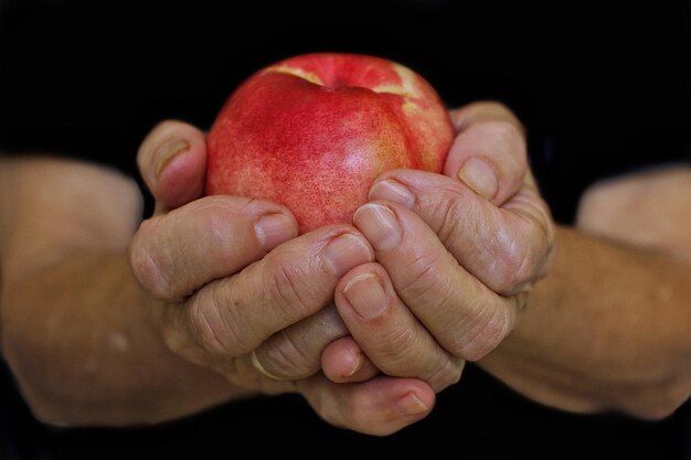 Foto primer plano de la mano sosteniendo una manzana