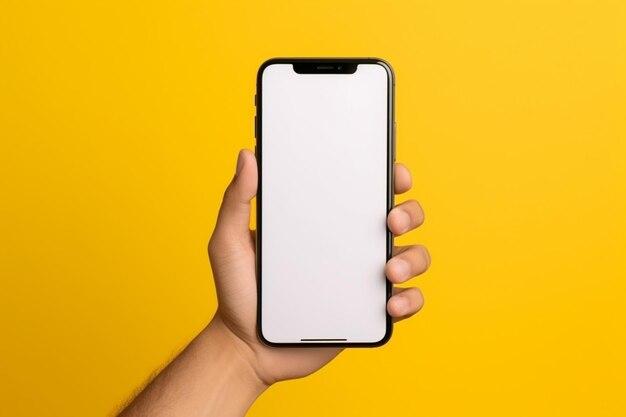 Primer plano mano sosteniendo maqueta de teléfono móvil en fondo amarillo liso