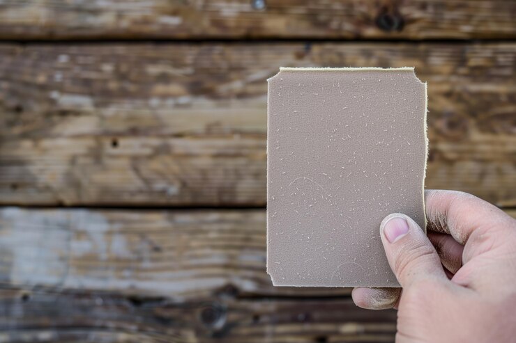 Foto primer plano de la mano sosteniendo el papel de lija contra la madera