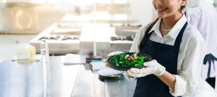 Primer plano mano sosteniendo placa Clase de cocina grupo de aula culinaria de feliz joven estudiantes multiétnicos se centran en lecciones de cocina en una escuela de cocina