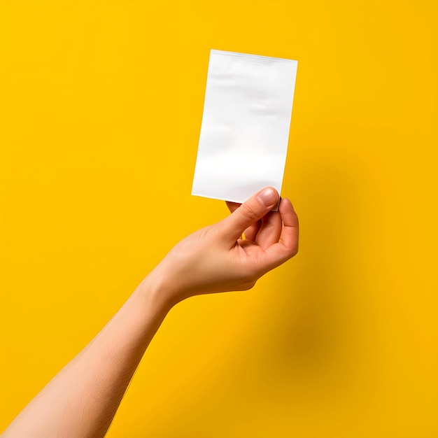 Foto primer plano de una mano sosteniendo una tarjeta blanca en blanco contra un fondo amarillo vívido perfecto para anuncios y anuncios diseño minimalista limpio ai