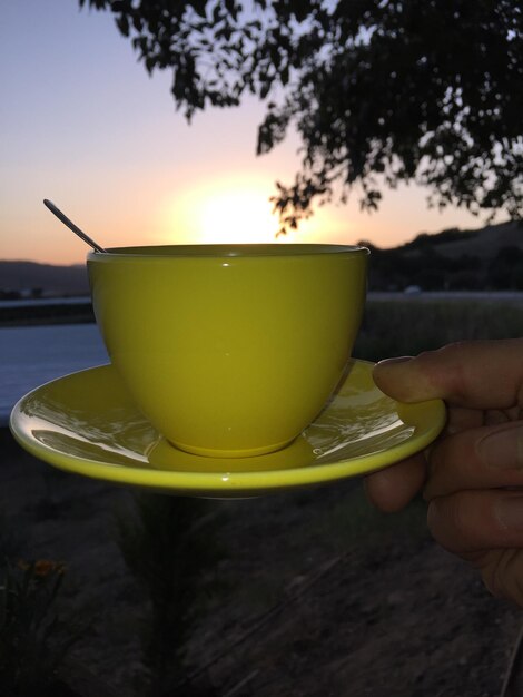 Primer plano de la mano sosteniendo la taza de té contra el cielo