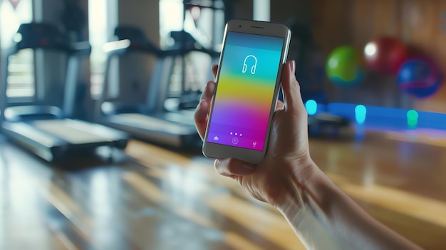 Foto primer plano de una mano sosteniendo un teléfono inteligente con una aplicación de fitness en la pantalla la aplicación muestra un fondo colorido con un par de auriculares