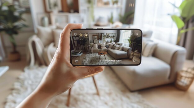 Foto primer plano de una mano sosteniendo un teléfono inteligente con una aplicación de realidad aumentada la aplicación permite ver una sala de estar virtual con diferentes opciones de muebles