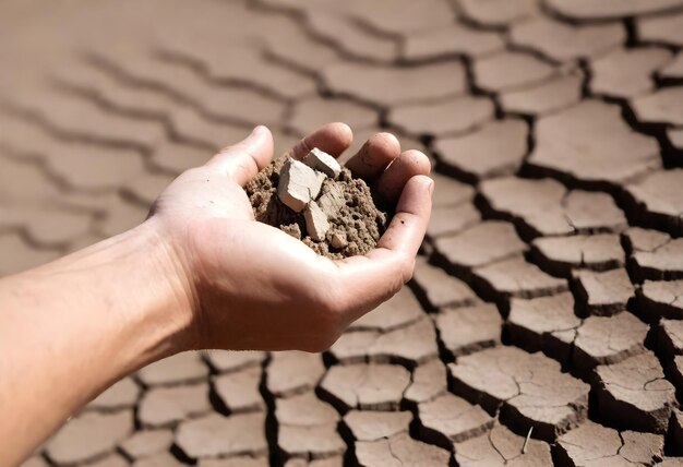 Foto un primer plano de una mano sosteniendo tierra seca con tierra agrietada en el fondo un desierto