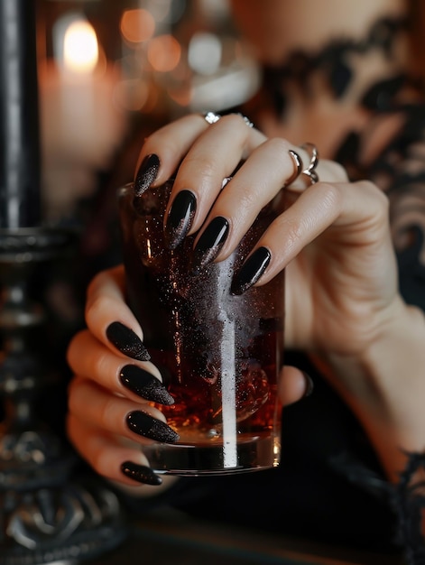 Primer plano de la mano sosteniendo un vaso con esmalte de uñas negro