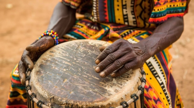 Foto primer plano de una mano suave la superficie lisa de un tambor de djembe listo para convocar su conmovedor y