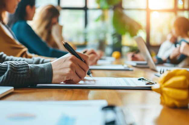 Primer plano mano sujetando un bolígrafo con una reunión de empresa en la mesa fuerte emocional