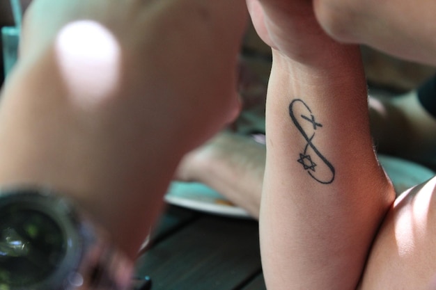 Primer plano de la mano tatuada recortada