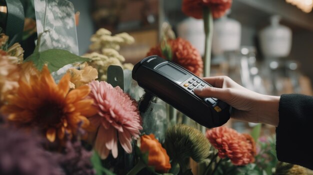 Foto primer plano de la mano usando un datáfono en una floristería