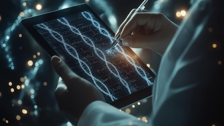 Foto primer plano de una mano usando un lápiz para interactuar con una tableta digital que muestra una cadena de adn y otros datos científicos