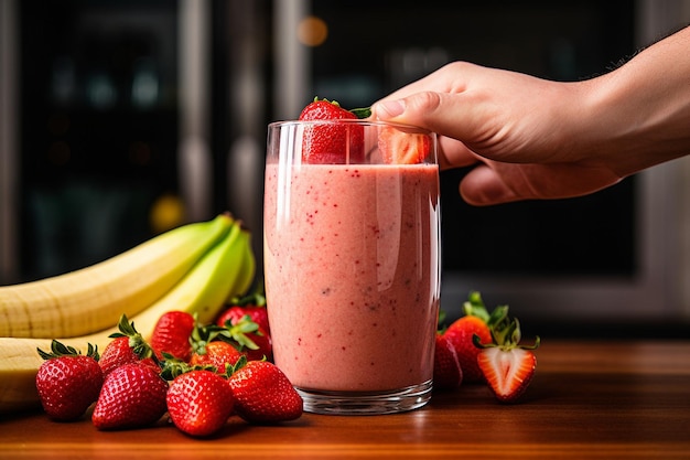 Un primer plano de una mano vertiendo yogur en la licuadora con fresas y plátanos