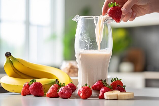 Un primer plano de una mano vertiendo yogur en la licuadora con fresas y plátanos