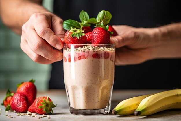 Un primer plano de una mano vertiendo yogur en la licuadora con fresas y plátanos