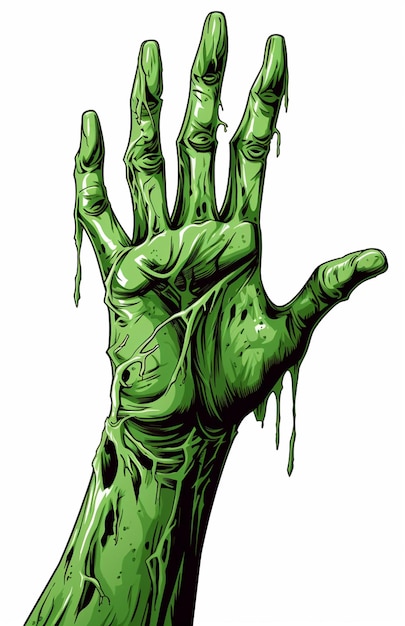 un primer plano de una mano de zombi con pintura verde en ella