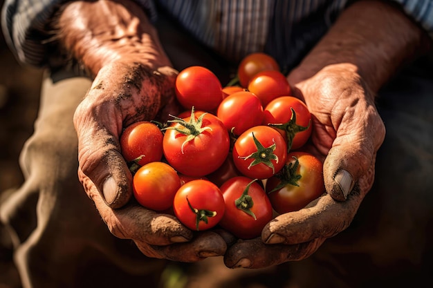 Primer plano de las manos de los agricultores cosechando tomates maduros IA generativa