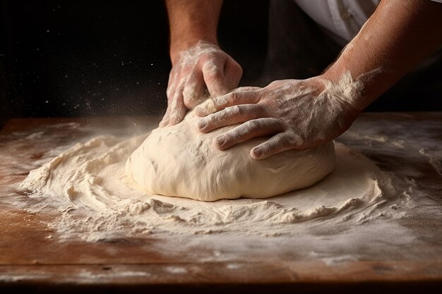 Un primer plano de las manos amassando la masa de la pizza en una superficie de harina