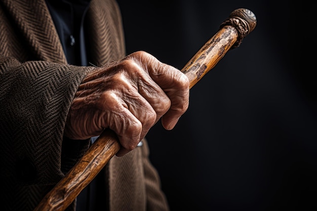 Primer plano de las manos de un anciano sosteniendo un bastónanciano sosteniendo un bastón ai generativo