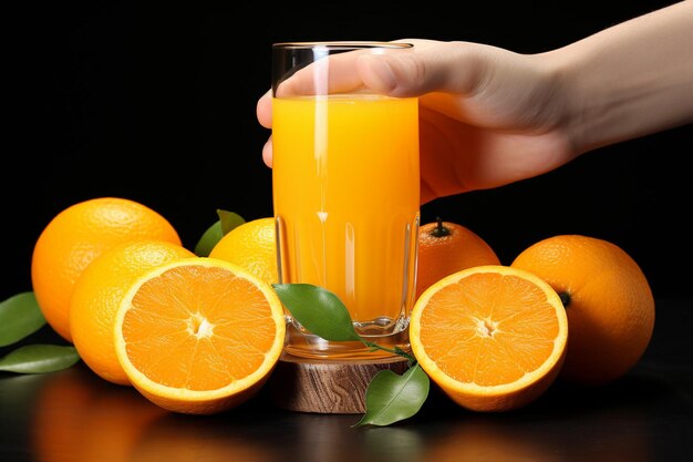 Foto un primer plano de las manos apretando una naranja con jugo goteando en un vaso