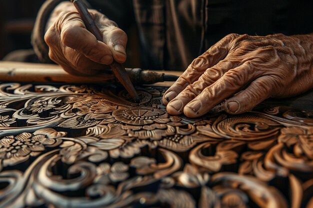 Un primer plano de las manos de un artesano meticulosamente talladas