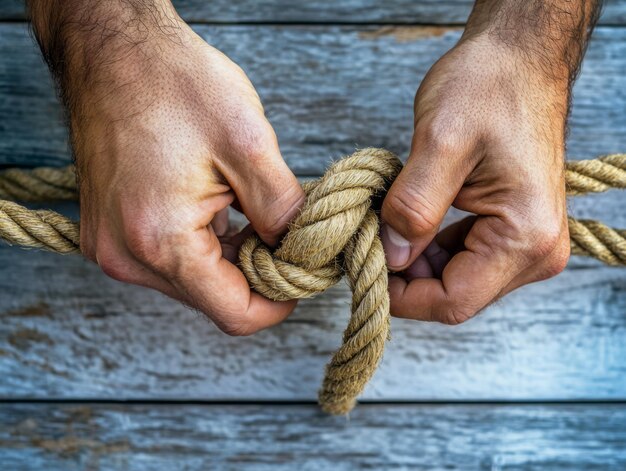 Un primer plano de las manos atando el nudo de la cuerda